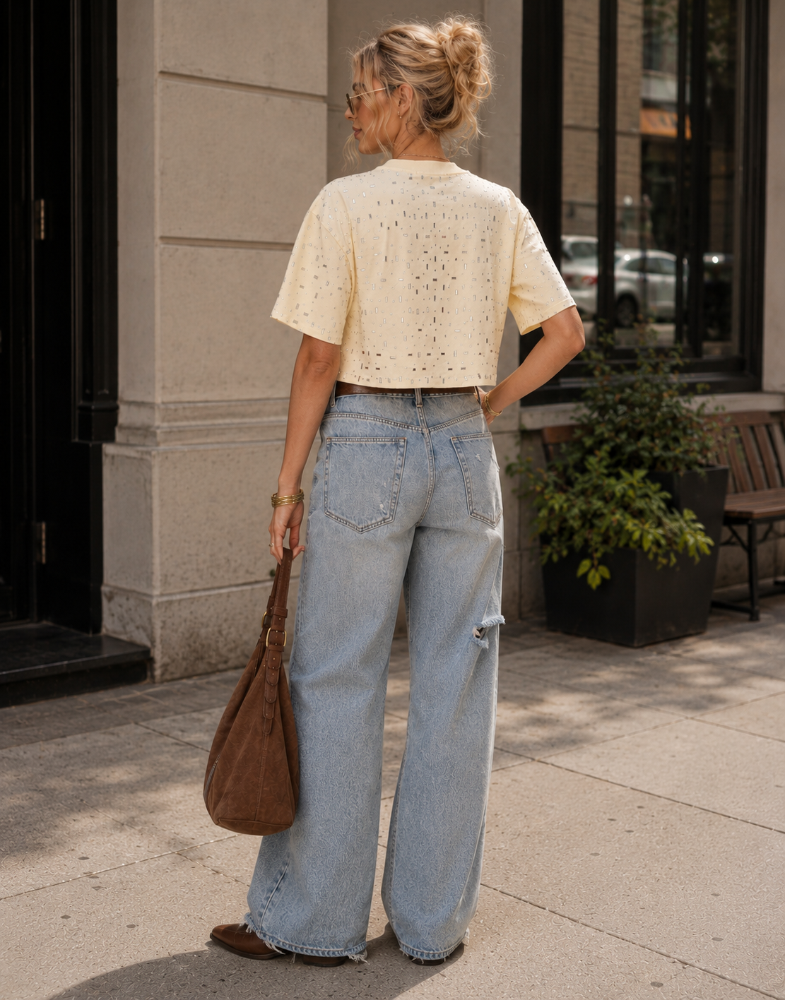 Speckled Short Sleeve Crop Top - Beige