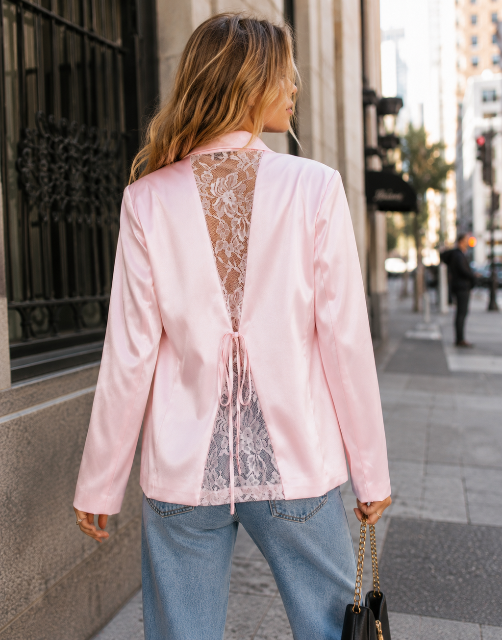 Satin Double-Breasted Blazer - Pink