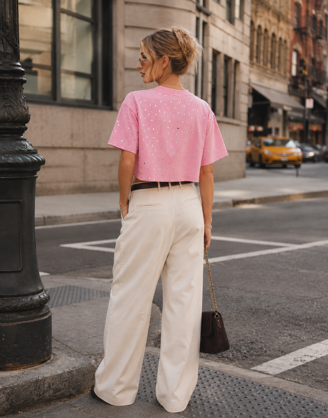 Speckled Short Sleeve Crop Top - Pink