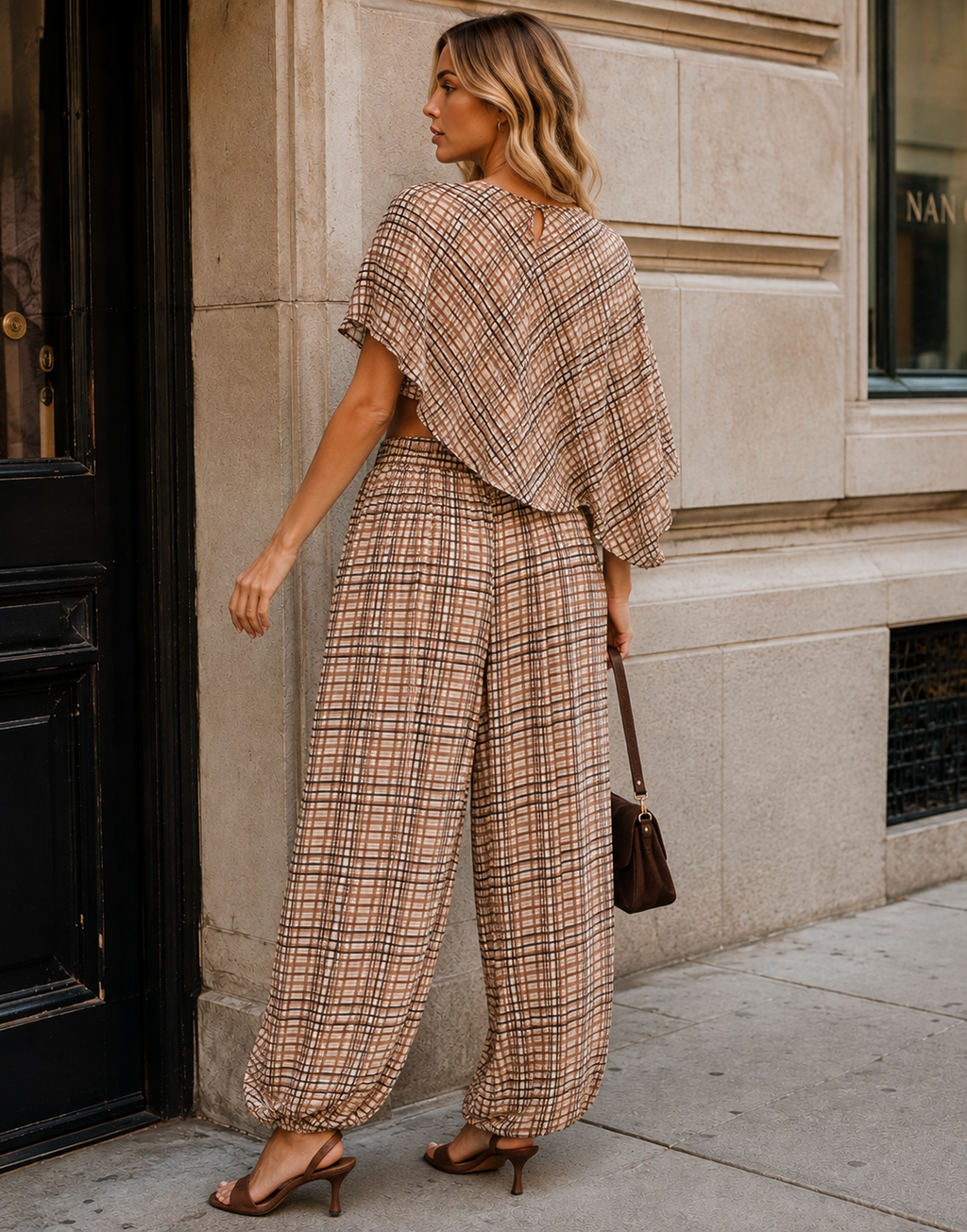 Plaid Cape Top and Pants Matching Set - Brown