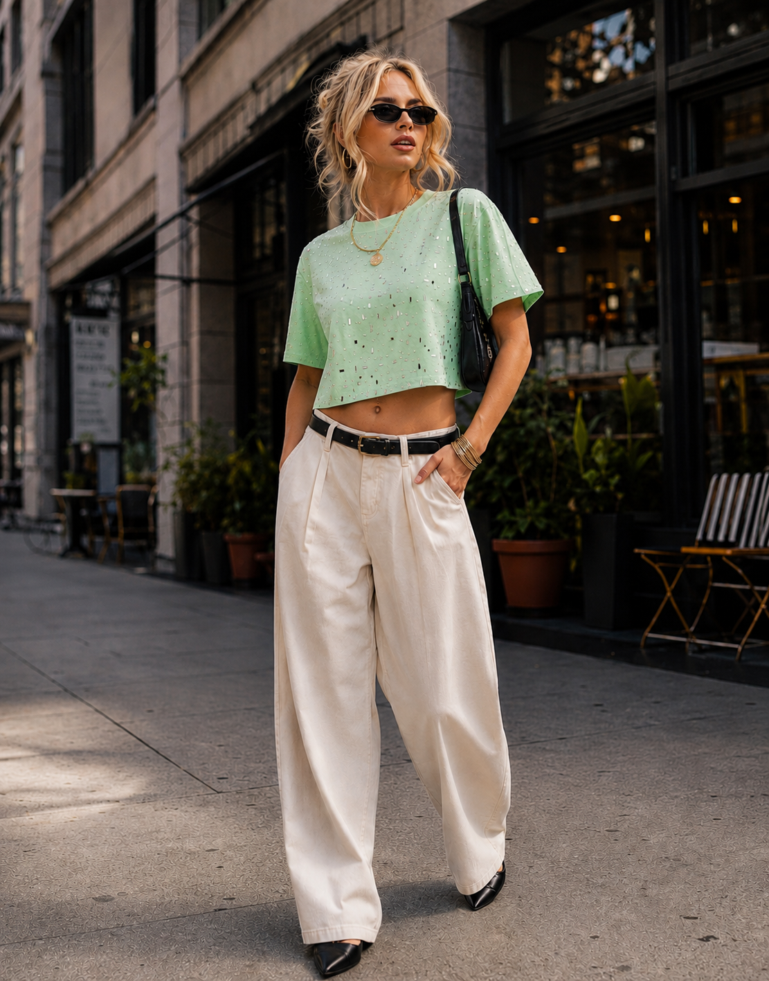 Speckled Short Sleeve Crop Top - Green