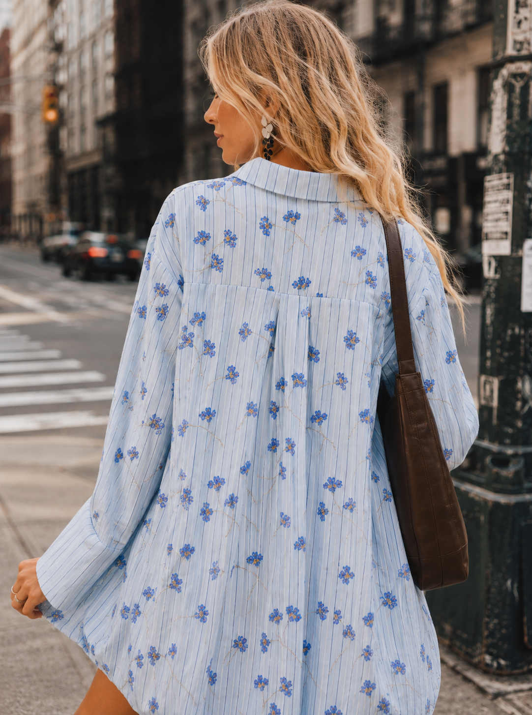 Floral Long Sleeve Mini Dress - Light Blue