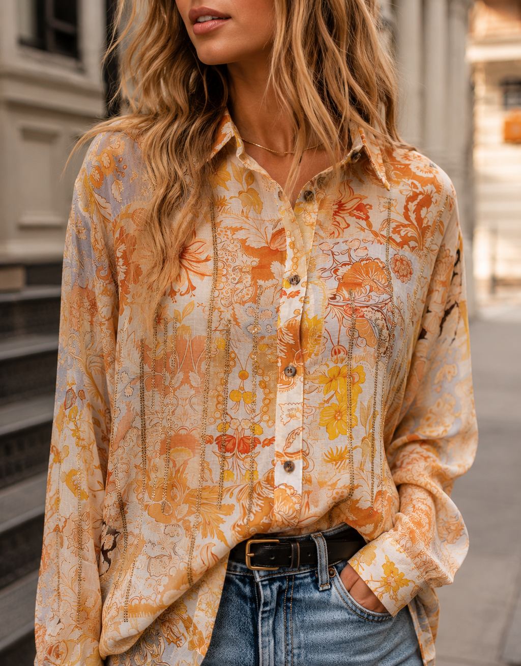 Floral Button-Down Tunic Top - Multi