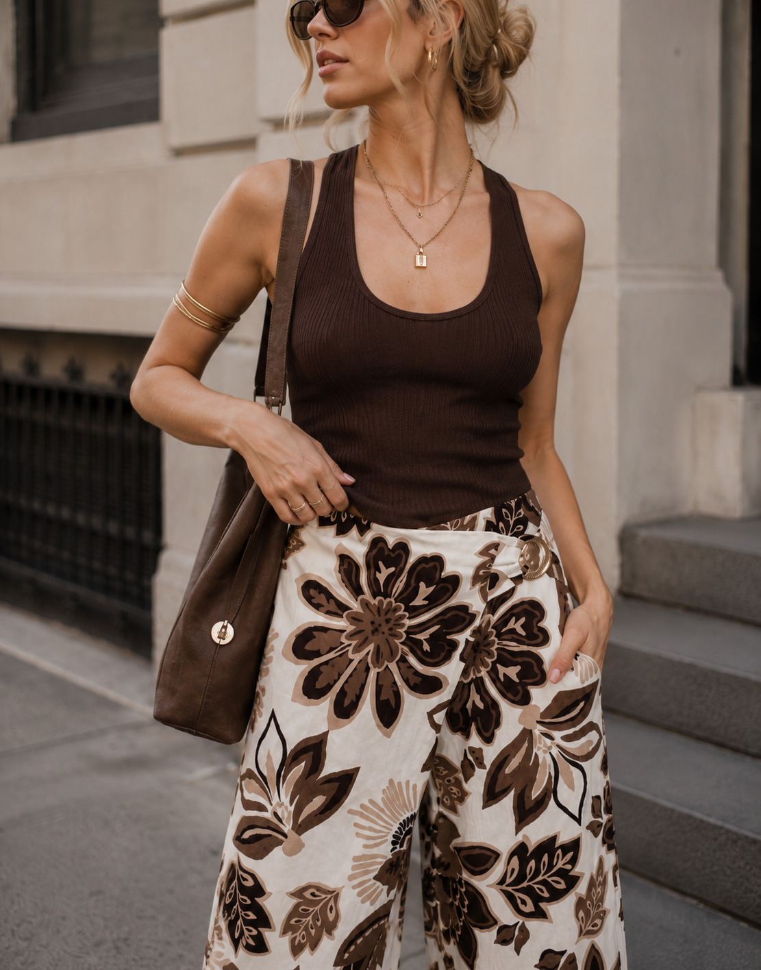 Floral Wrap Pants - Brown