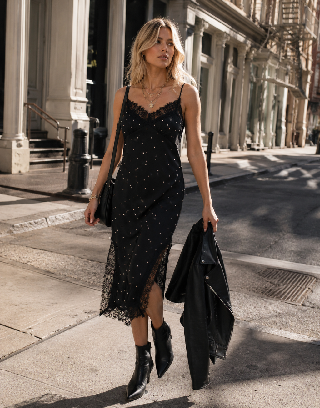 Lace-Trim Midi Black Dress - Black