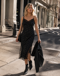 Lace-Trim Midi Black Dress - Black
