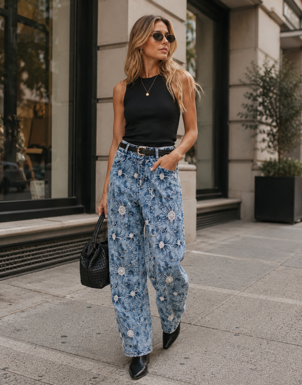 Floral Embroidered Wide-Leg Jeans - Denim