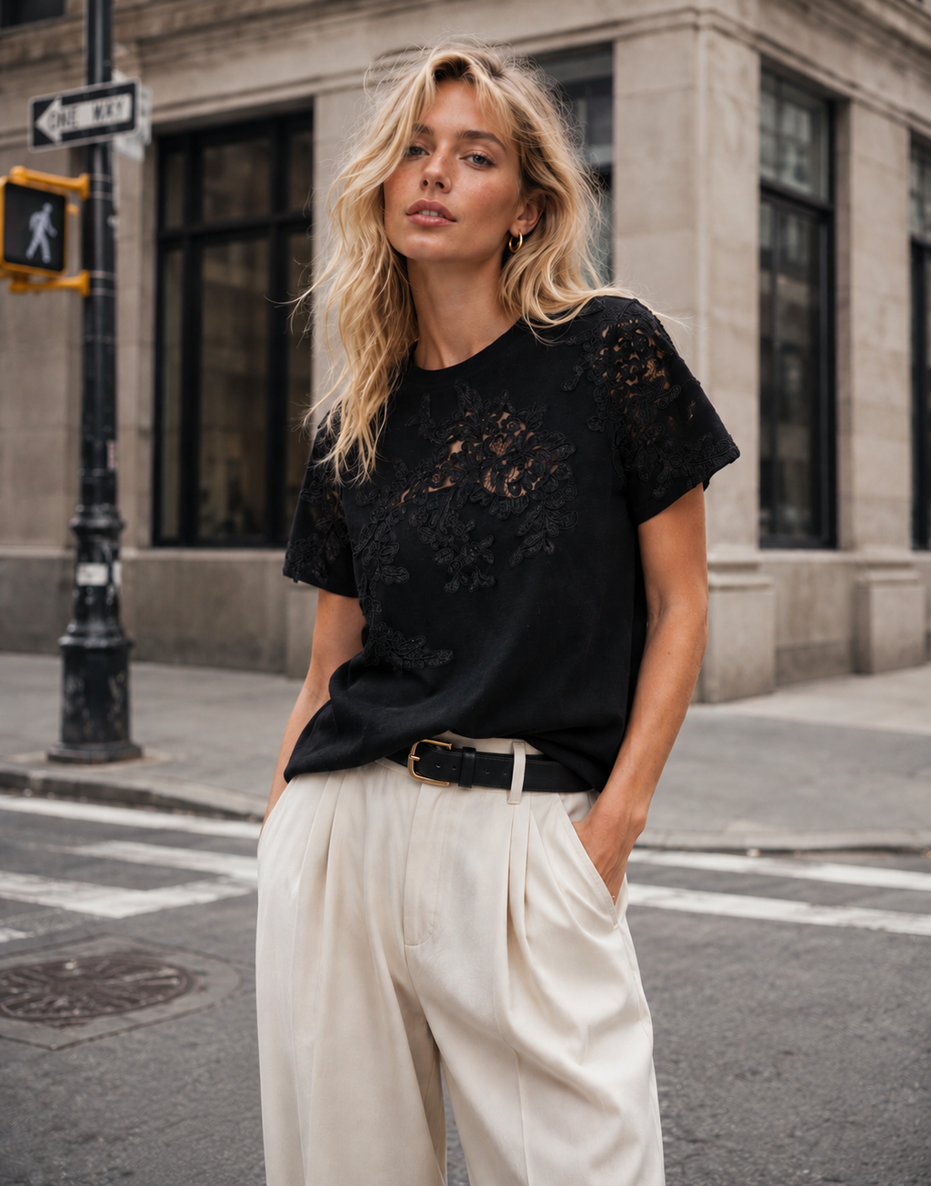Lace Detail Short Sleeve Top - Black