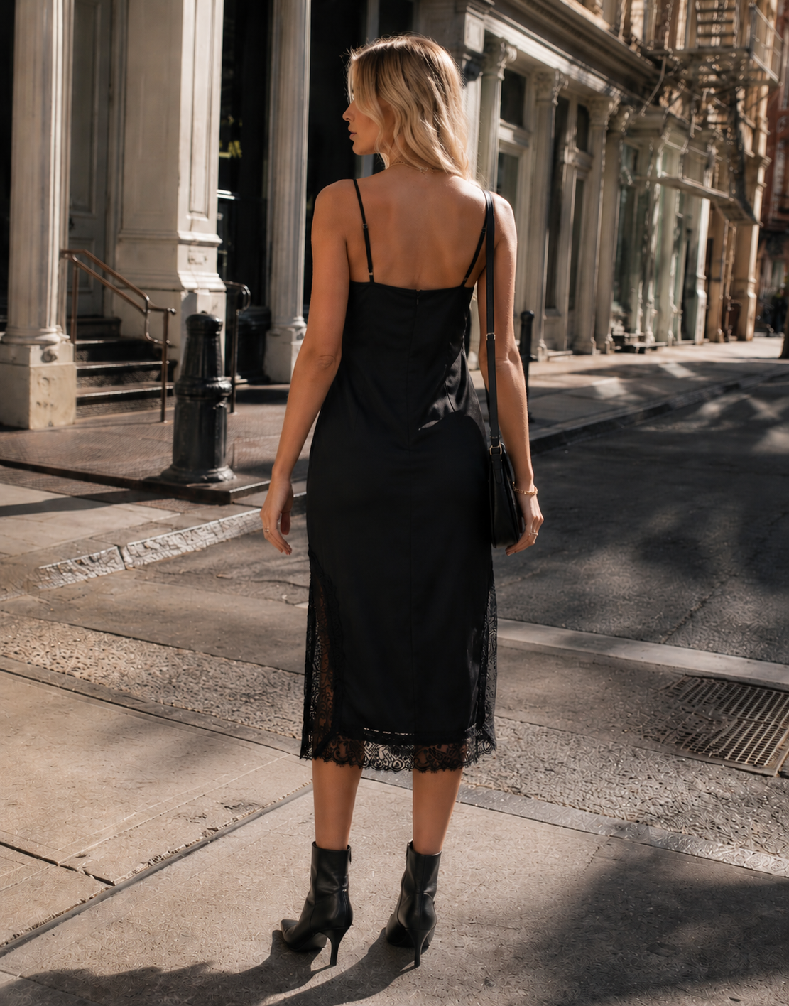 Lace-Trim Midi Black Dress - Black