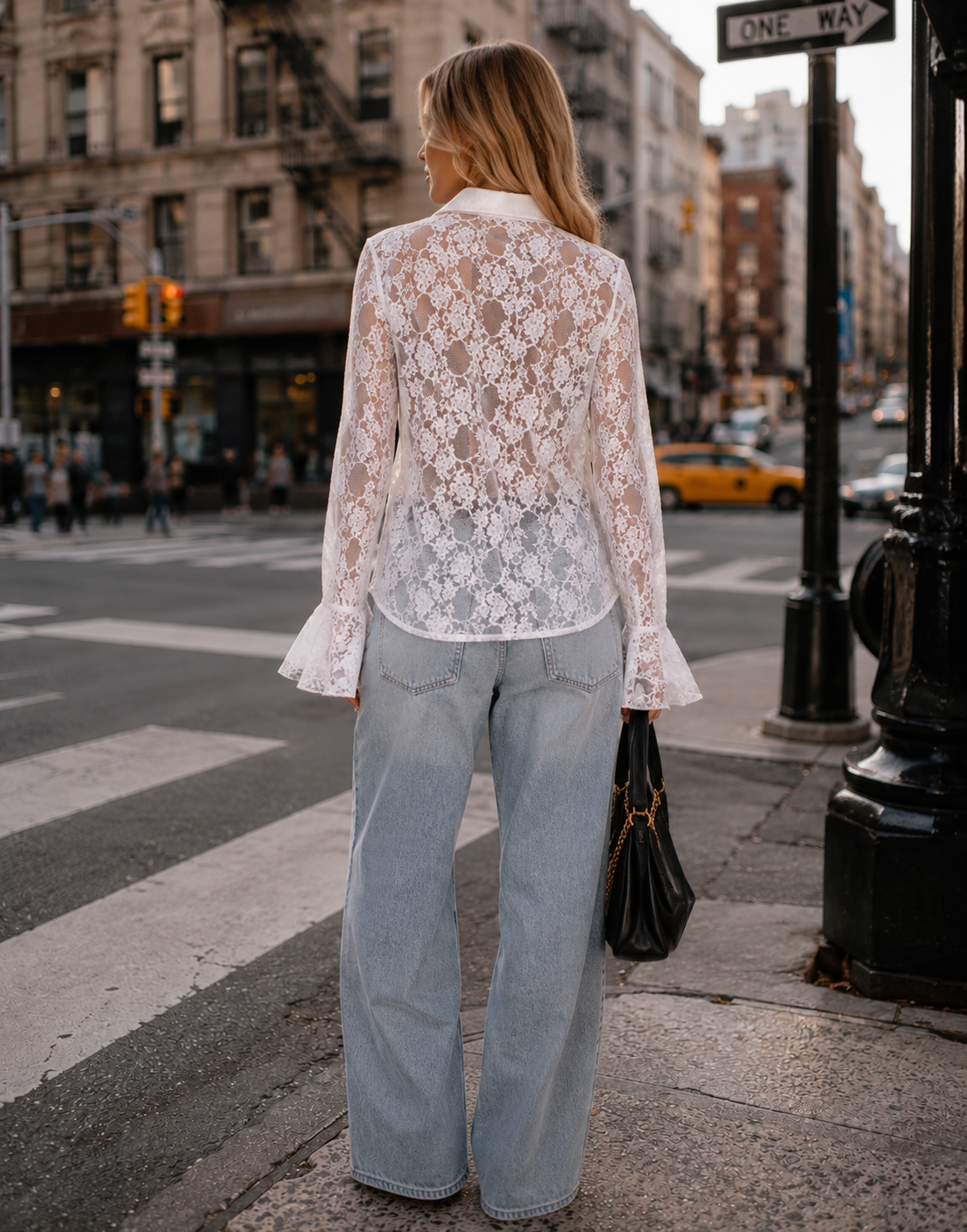 Lace Ruffle Long Sleeve Top - White