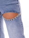 Rhinestone Cutout Wide Leg Jeans - Denim