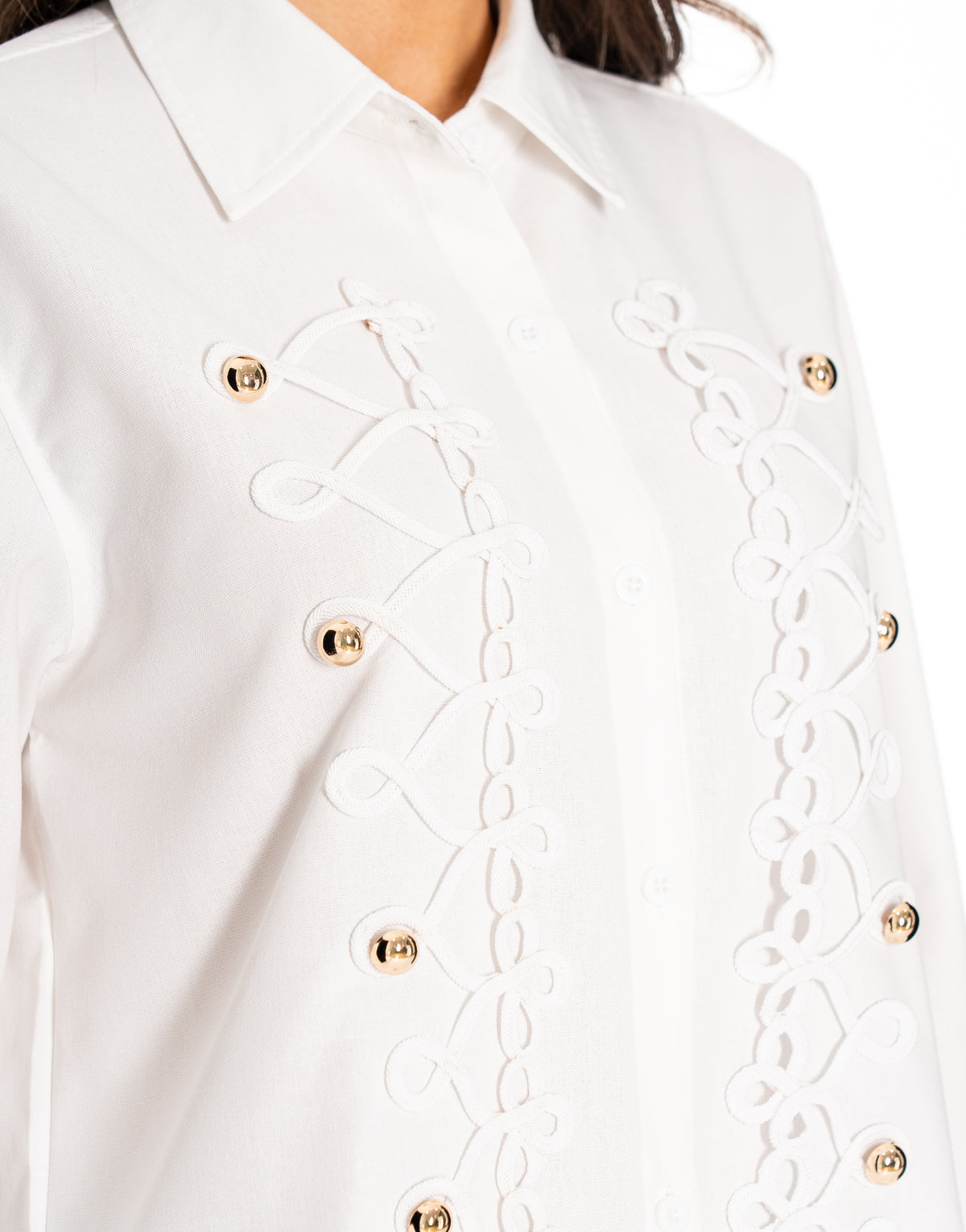 Long Sleeve Button Down Shirt With Soutache Embroidery and Gold Buttons - Gold
