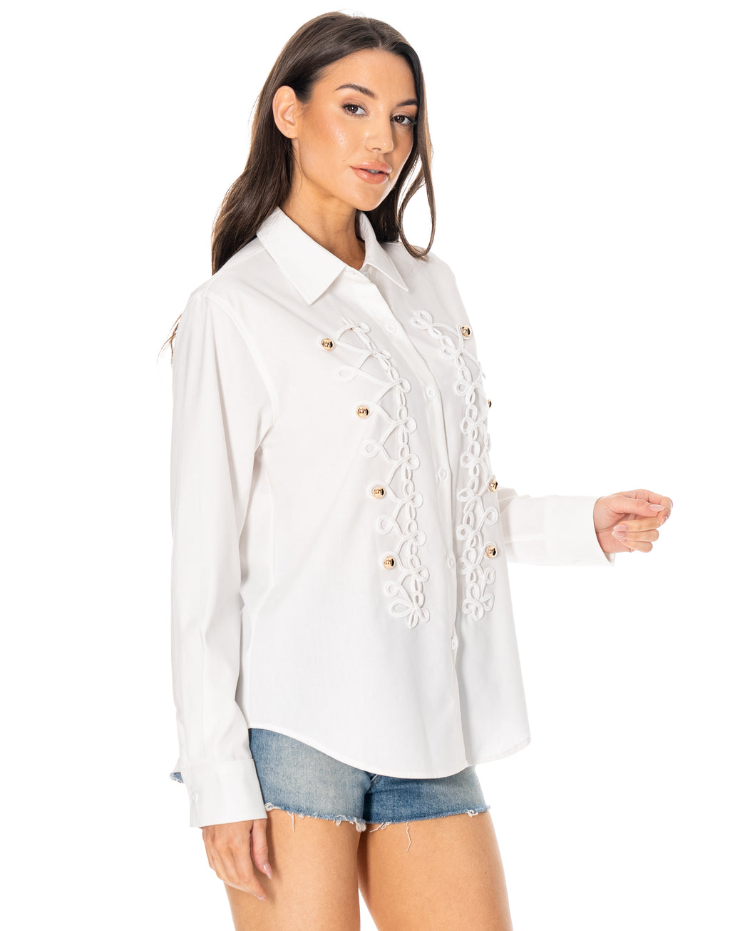 Long Sleeve Button Down Shirt With Soutache Embroidery and Gold Buttons - Gold