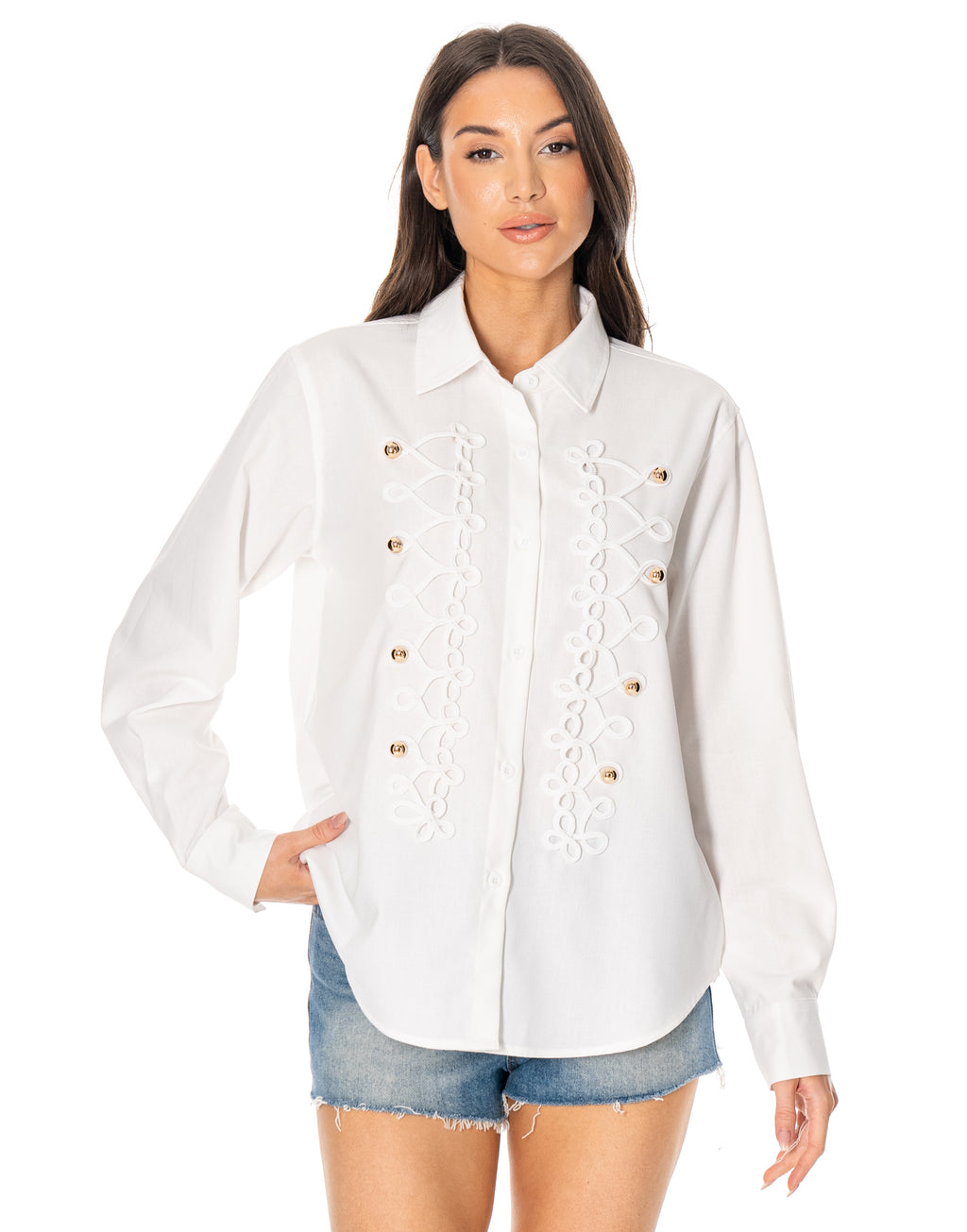 Long Sleeve Button Down Shirt With Soutache Embroidery and Gold Buttons - Gold