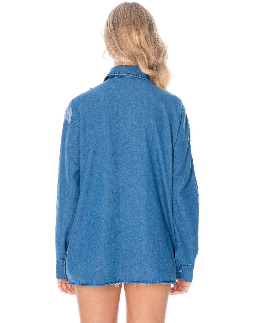 Floral Applique Denim Button Up Shirt - Light Denim