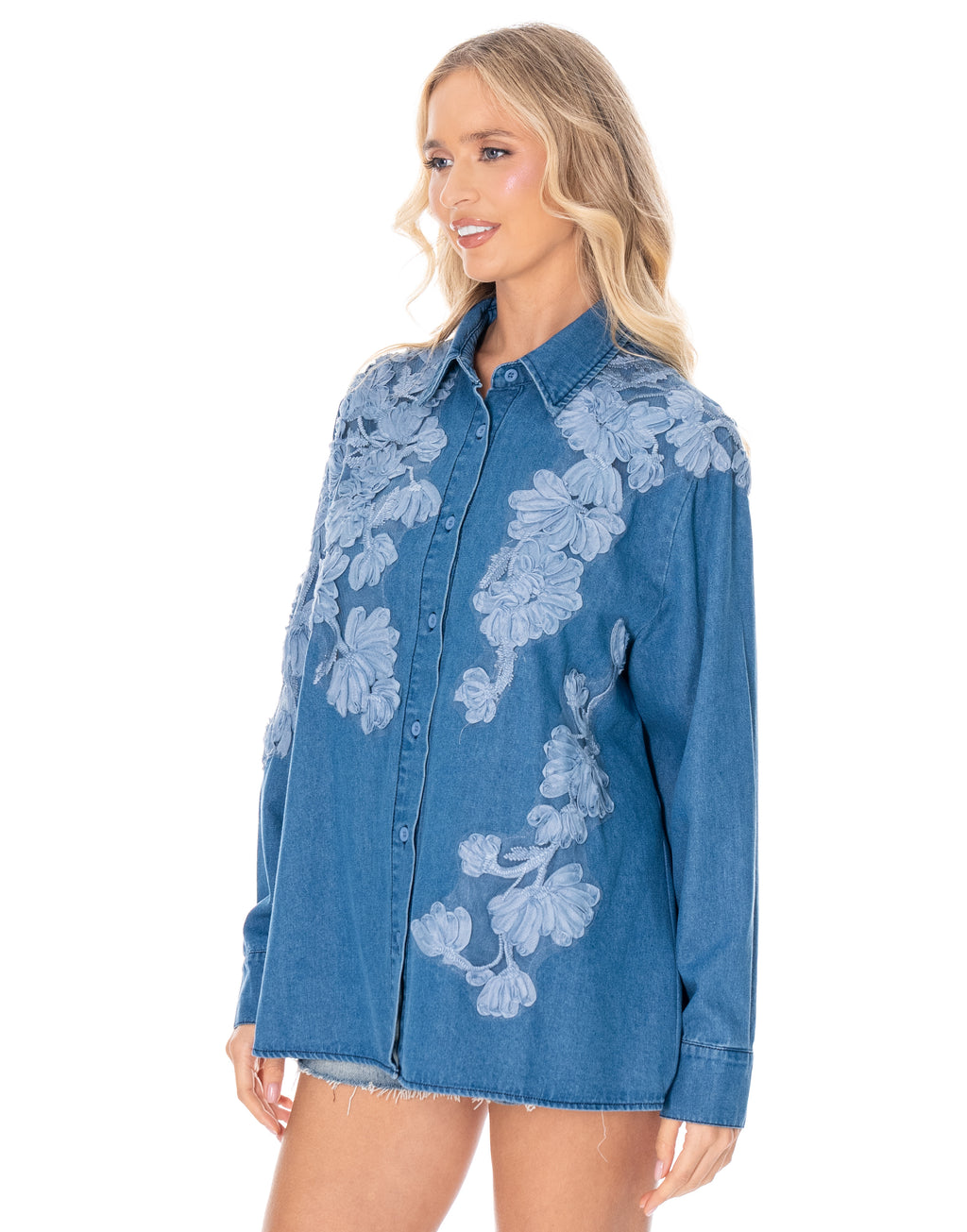 Floral Applique Denim Button Up Shirt - Light Denim
