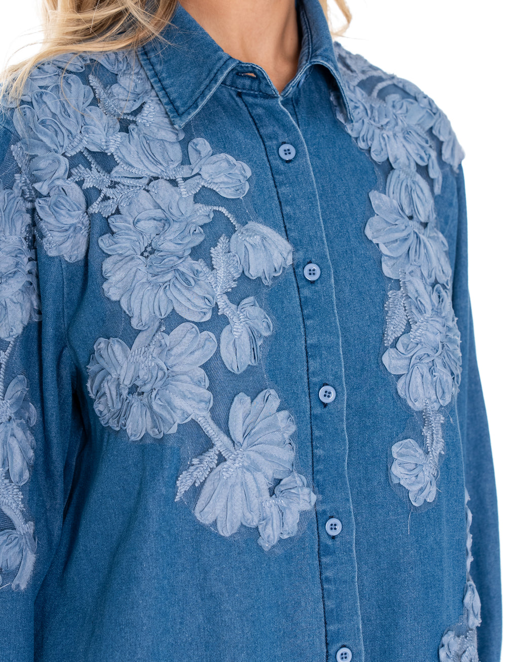 Floral Applique Denim Button Up Shirt - Light Denim