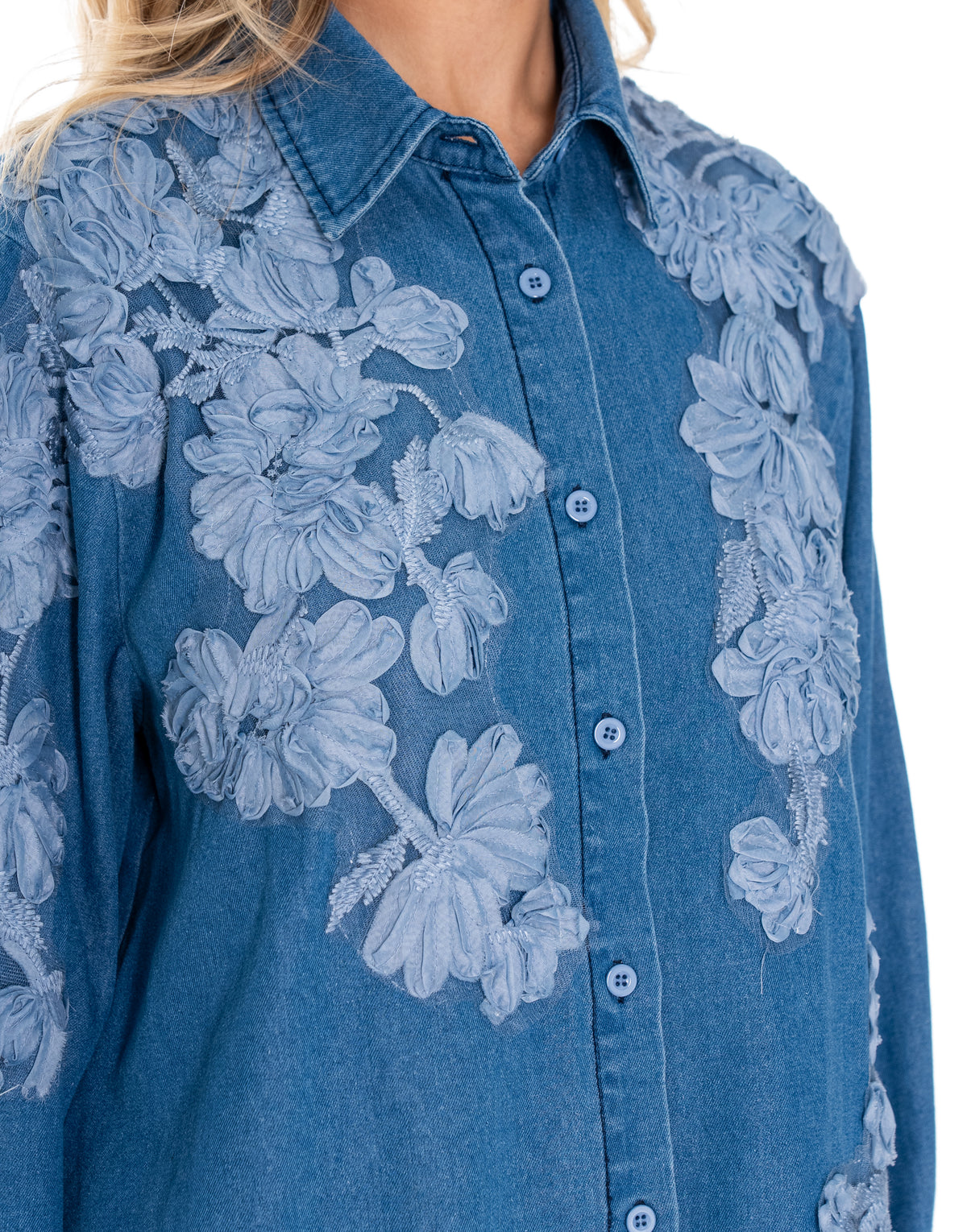 Floral Applique Denim Button Up Shirt - Light Denim
