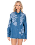 Floral Applique Denim Button Up Shirt - Light Denim