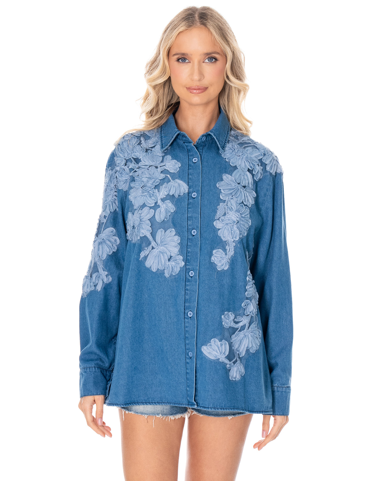 Floral Applique Denim Button Up Shirt - Light Denim