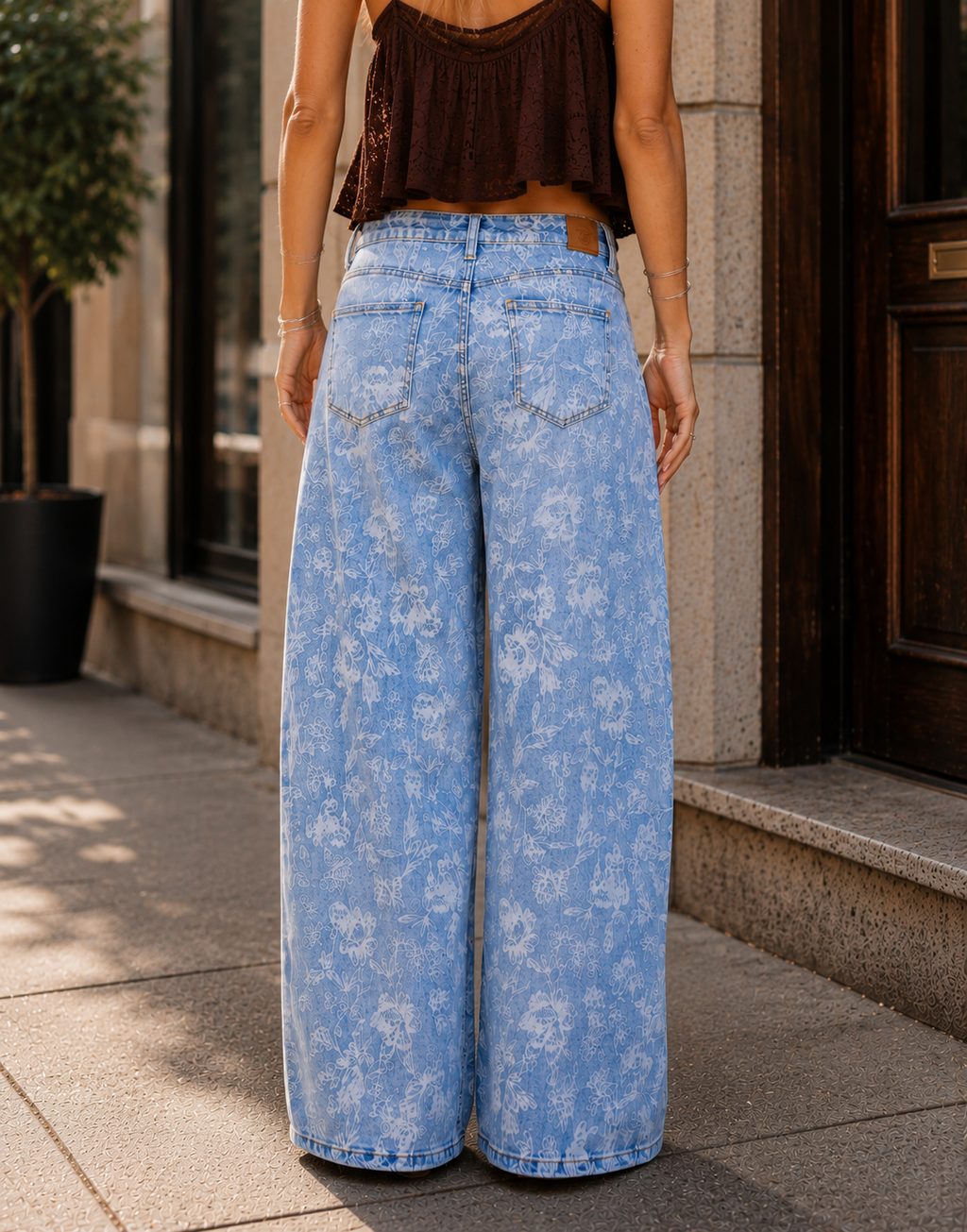 Floral Wide-Leg Denim Jeans - Denim