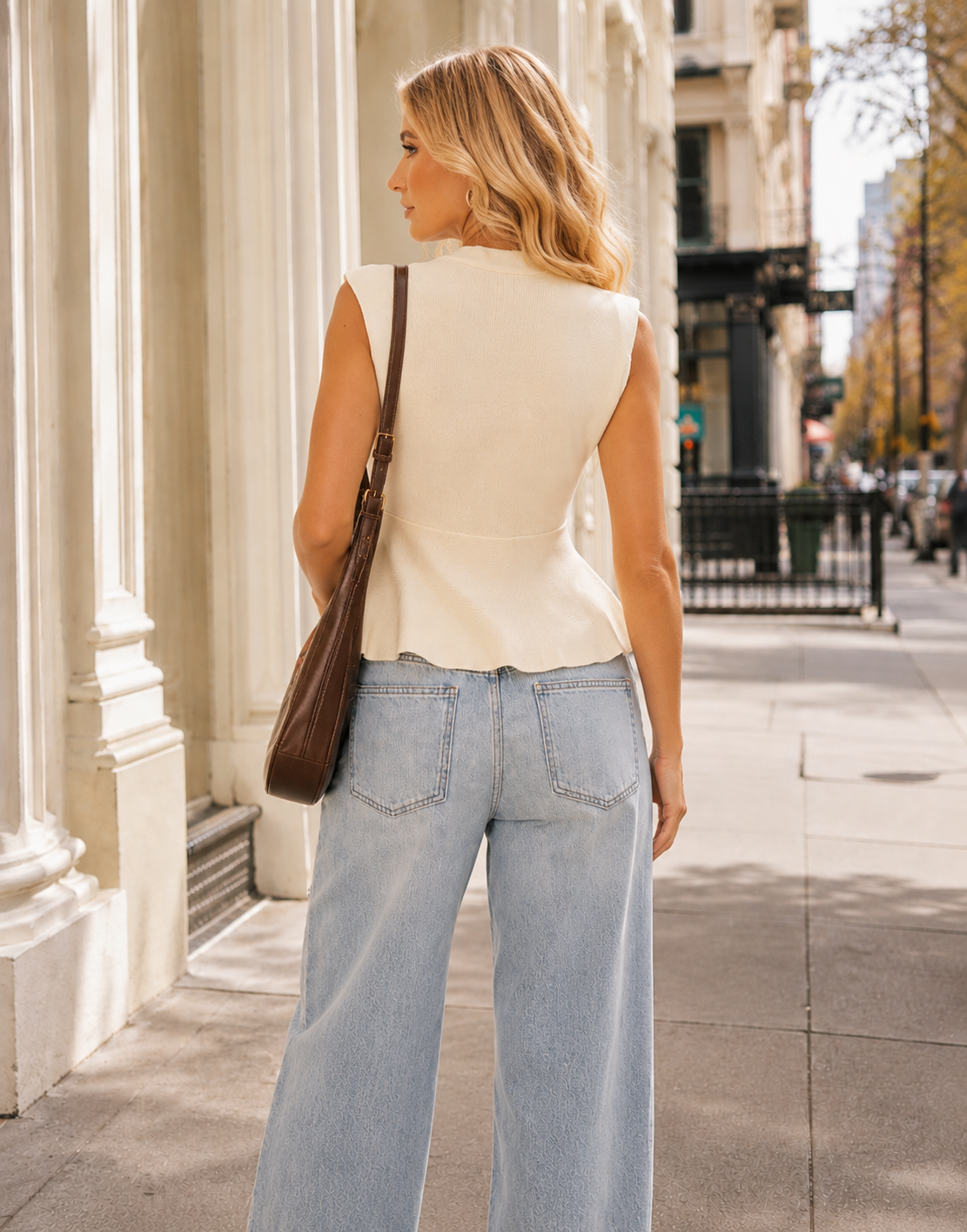 Peplum Button-Down Vest Top - Yellow