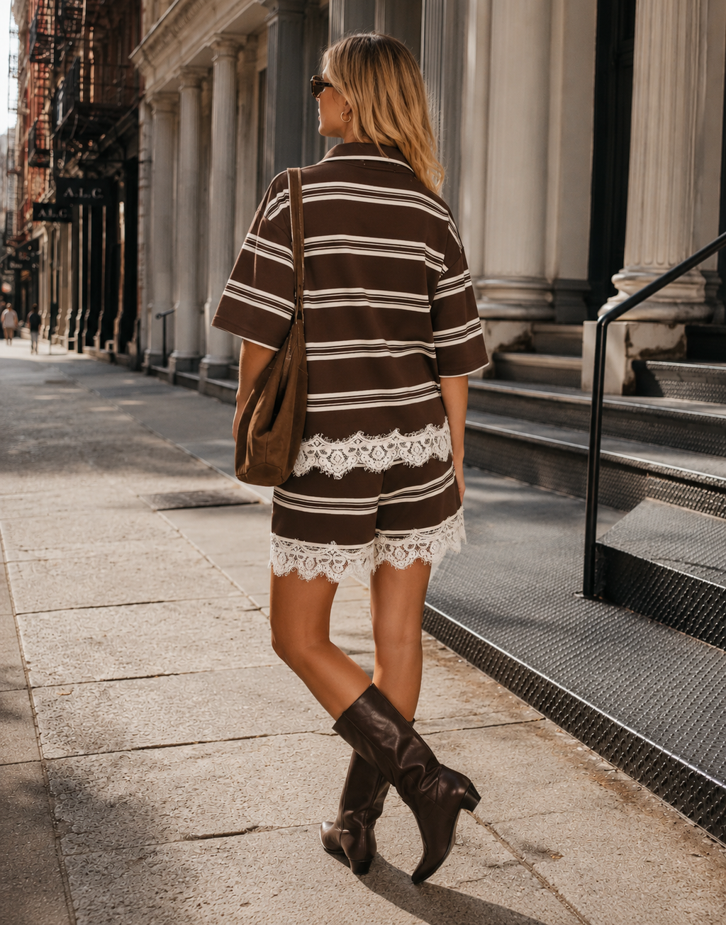 Striped Top and Shorts Set - Brown