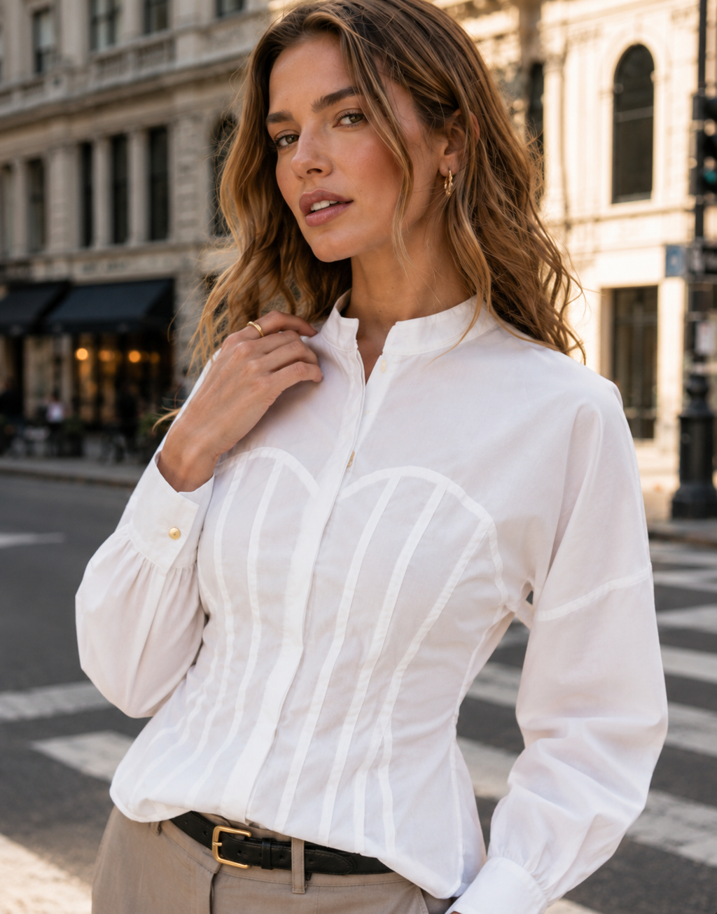 Structured Long-Sleeve Button-Down Top - White