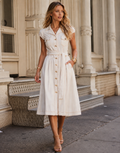 Button-Up Denim Midi Dress - Beige