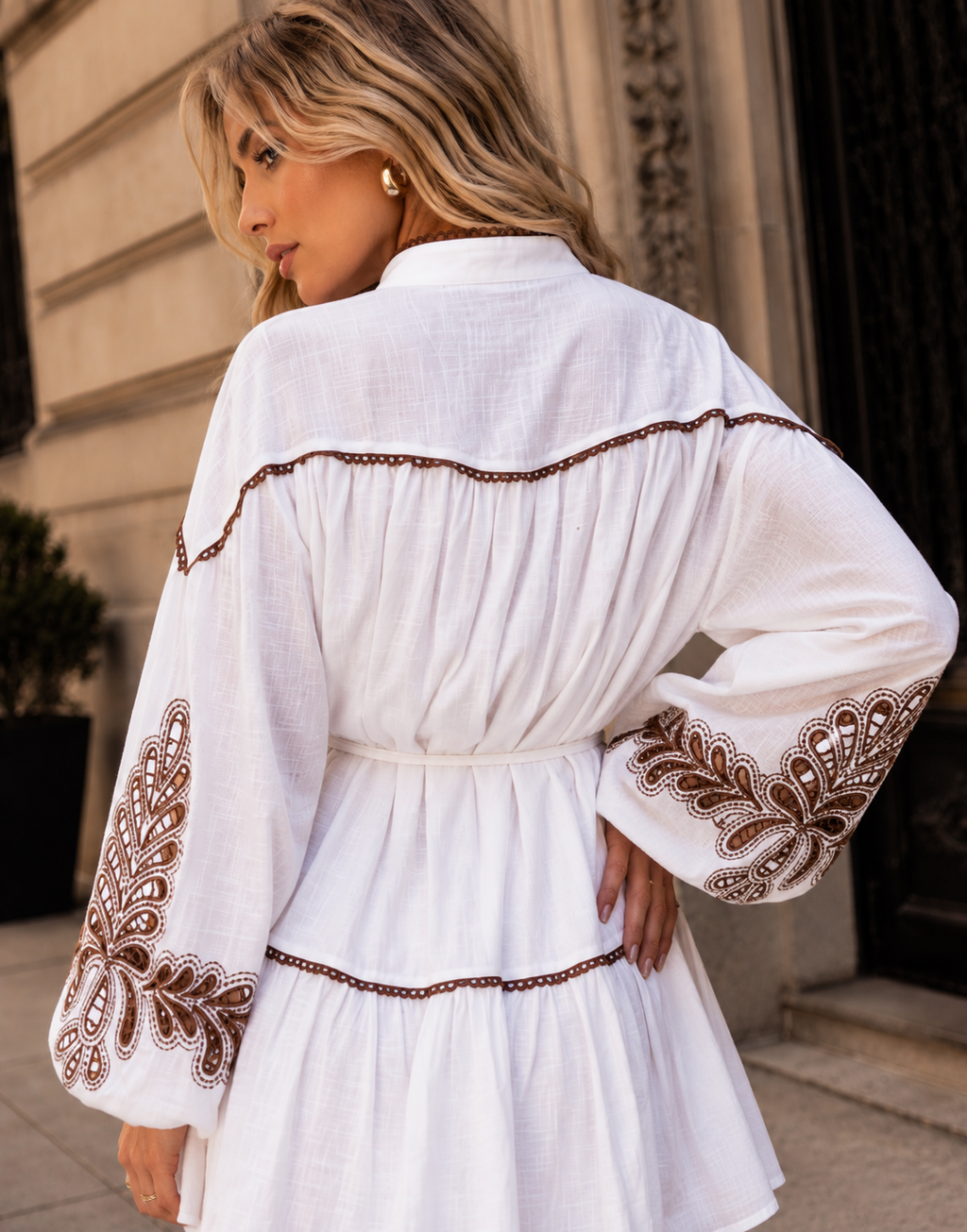 Embroidered Button-Down Mini Dress - White