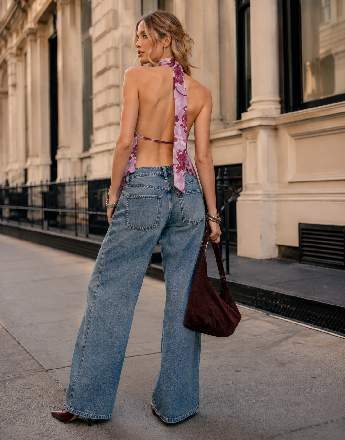 Sleeveless Floral Halter Top- Purple