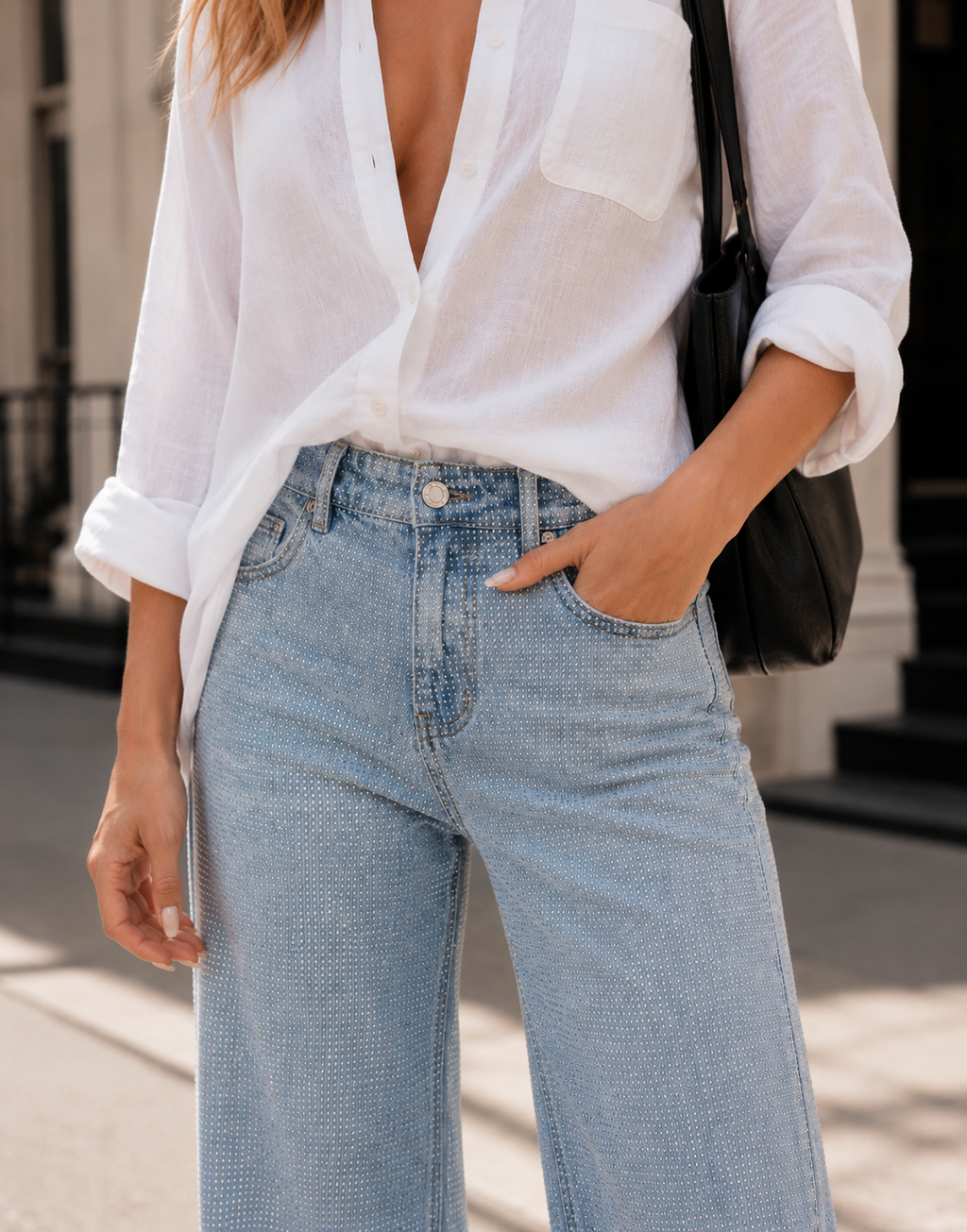 Wide-Leg Denim Jeans - Denim