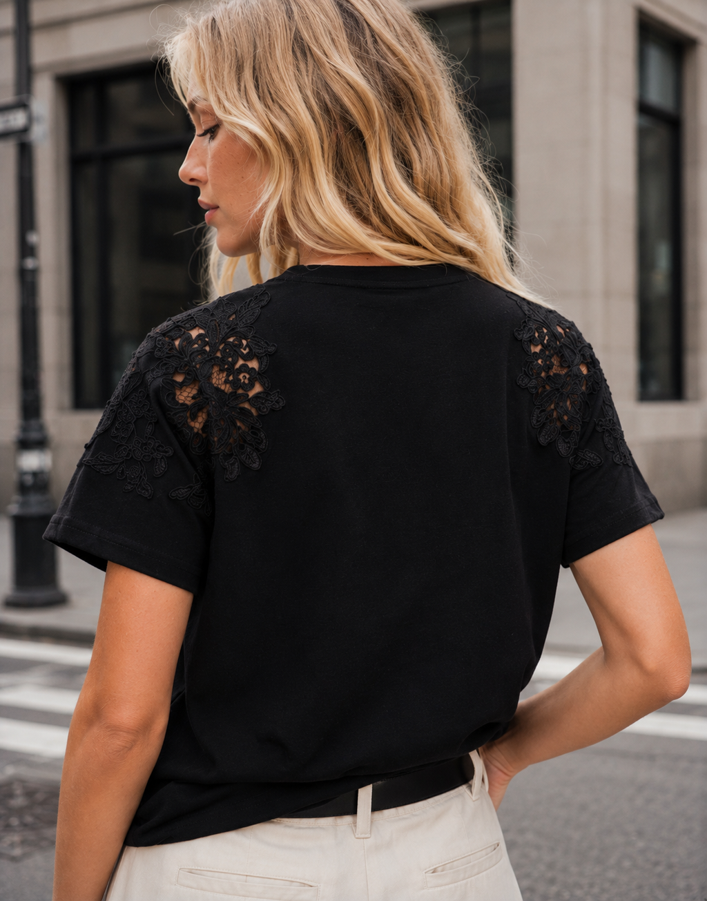 Lace Detail Short Sleeve Top - Black
