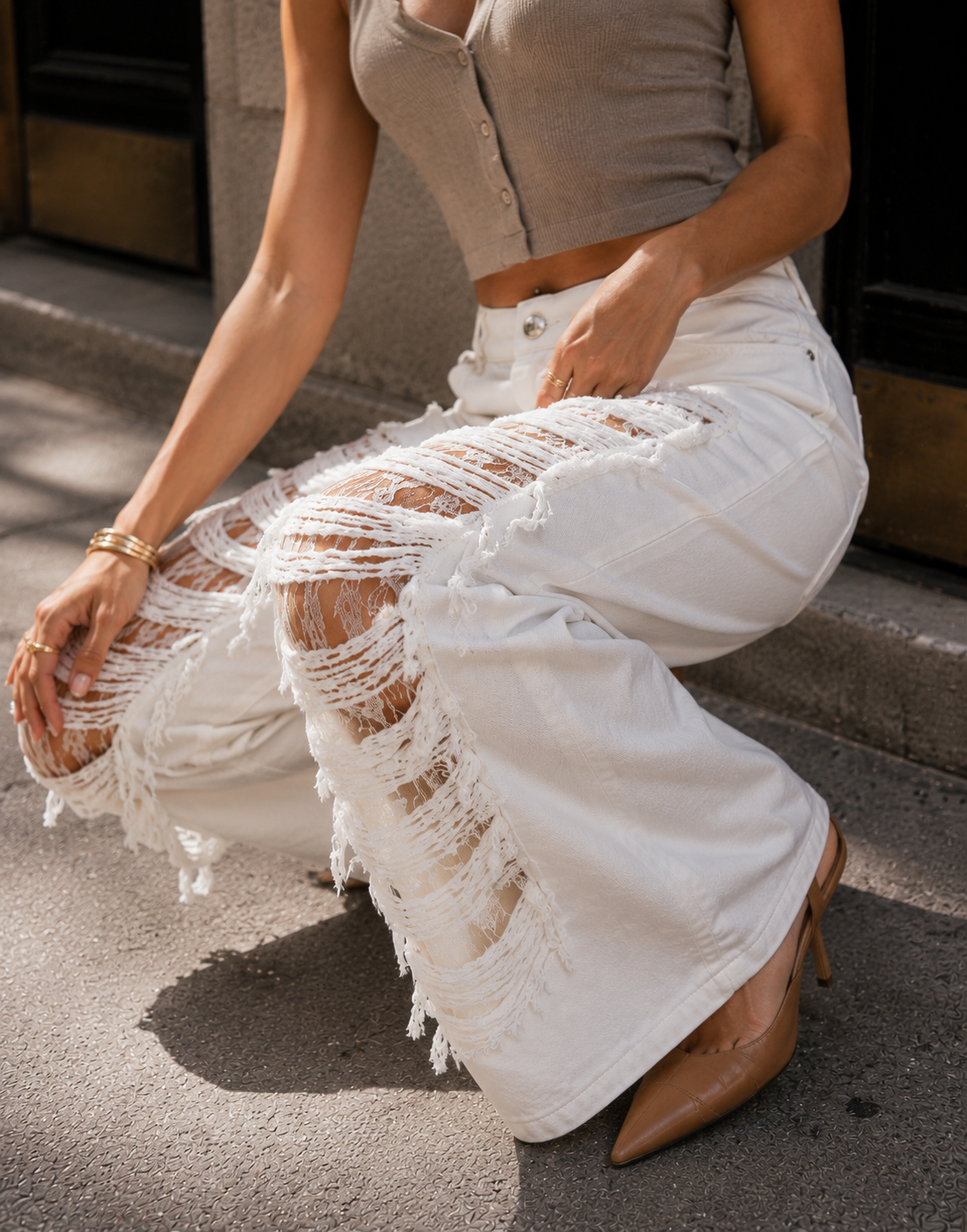 Distressed Lace Detail Pant - White