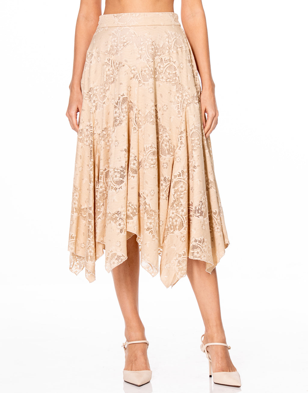 Lace Handkerchief Hem Midi Skirt - Beige