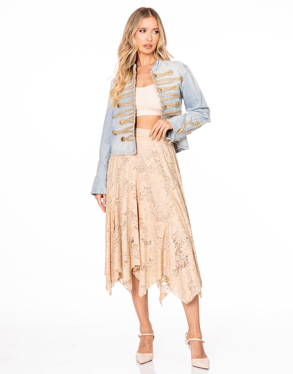 Lace Handkerchief Hem Midi Skirt - Beige