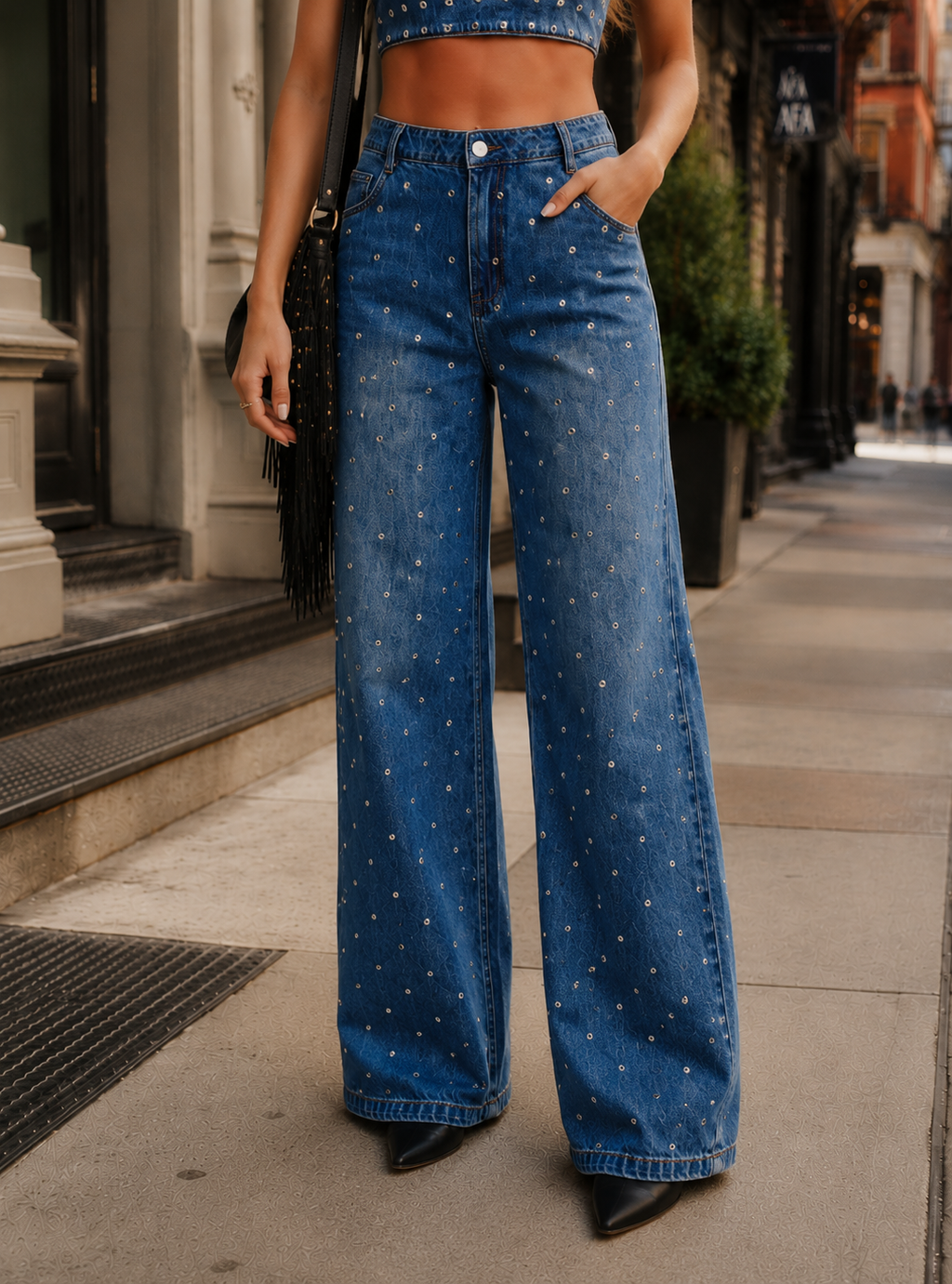 Denim Crop Top And Wide Leg Jeans Set - Denim