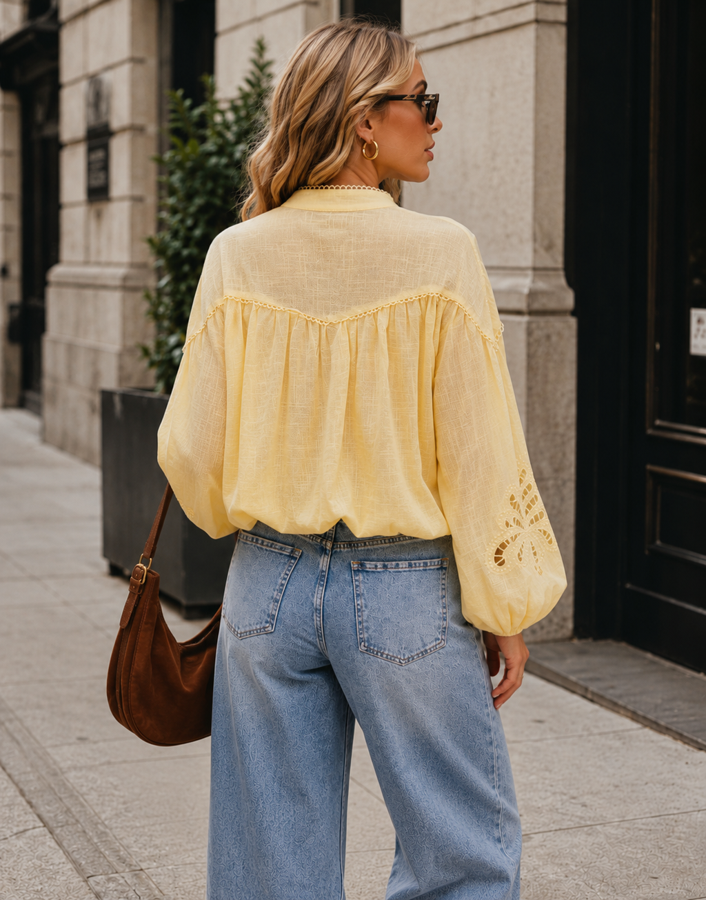 Eyelet Detail Button-Down Blouse - Yellow