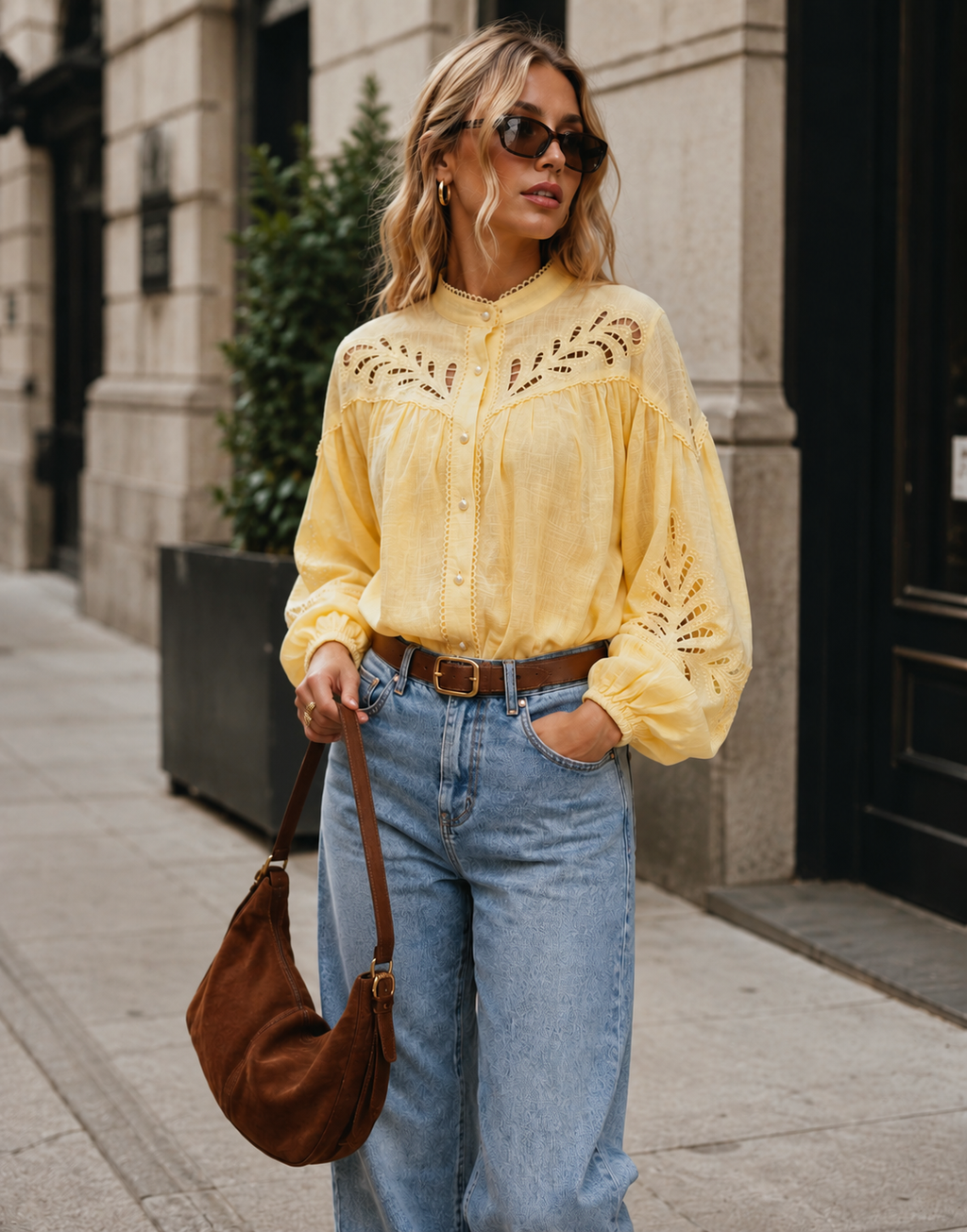 Eyelet Detail Button-Down Blouse - Yellow