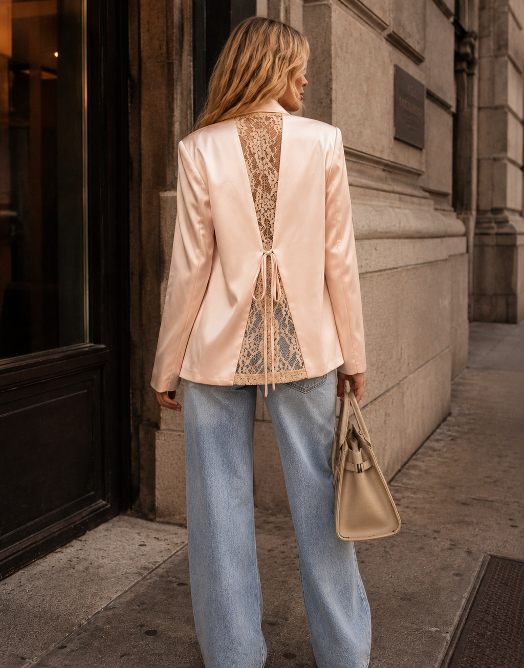 Satin Double-Breasted Blazer - Beige