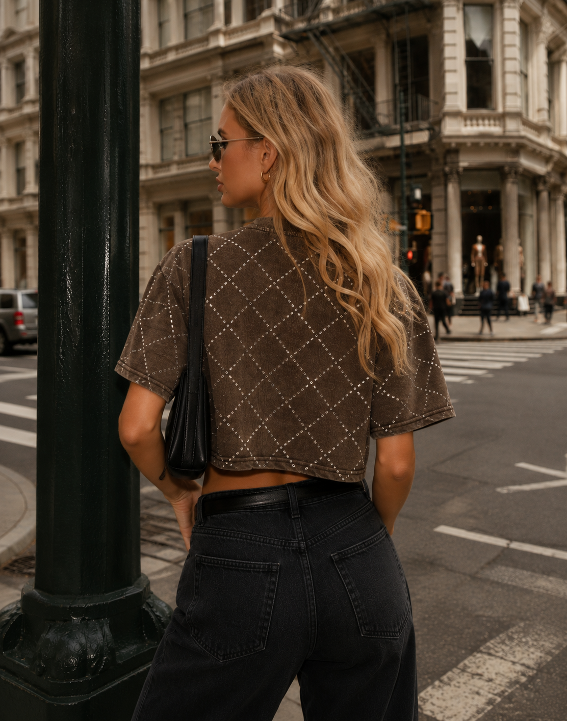 Diamond Studded Cropped Tee - Brown