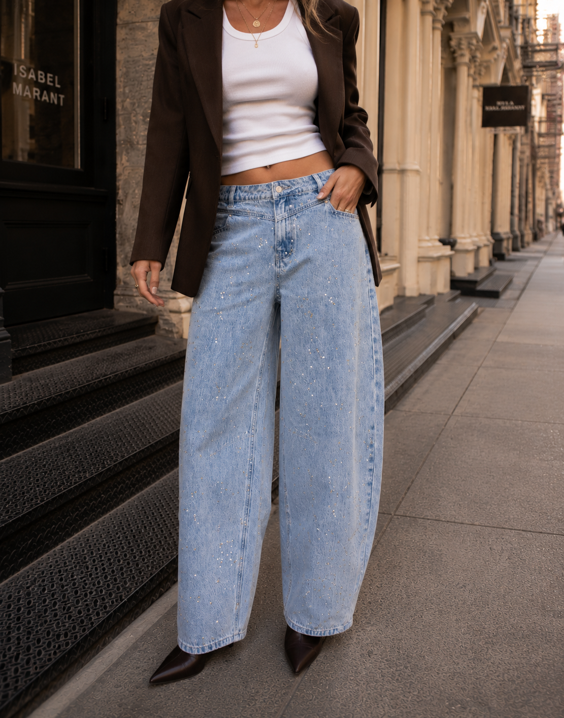 Wide-Leg Denim Jeans - Denim