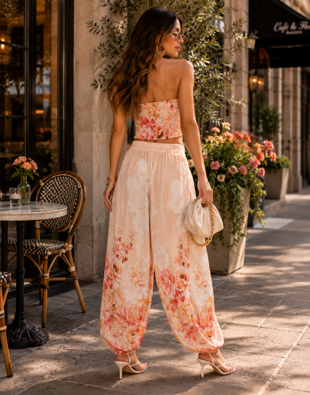 Floral Strapless Matching Set - Beige