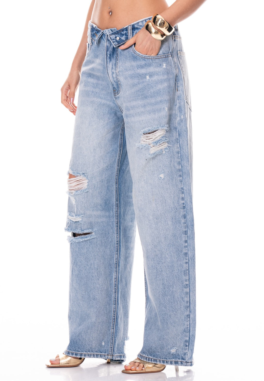 Crossover Waist Baggy Jeans - Denim