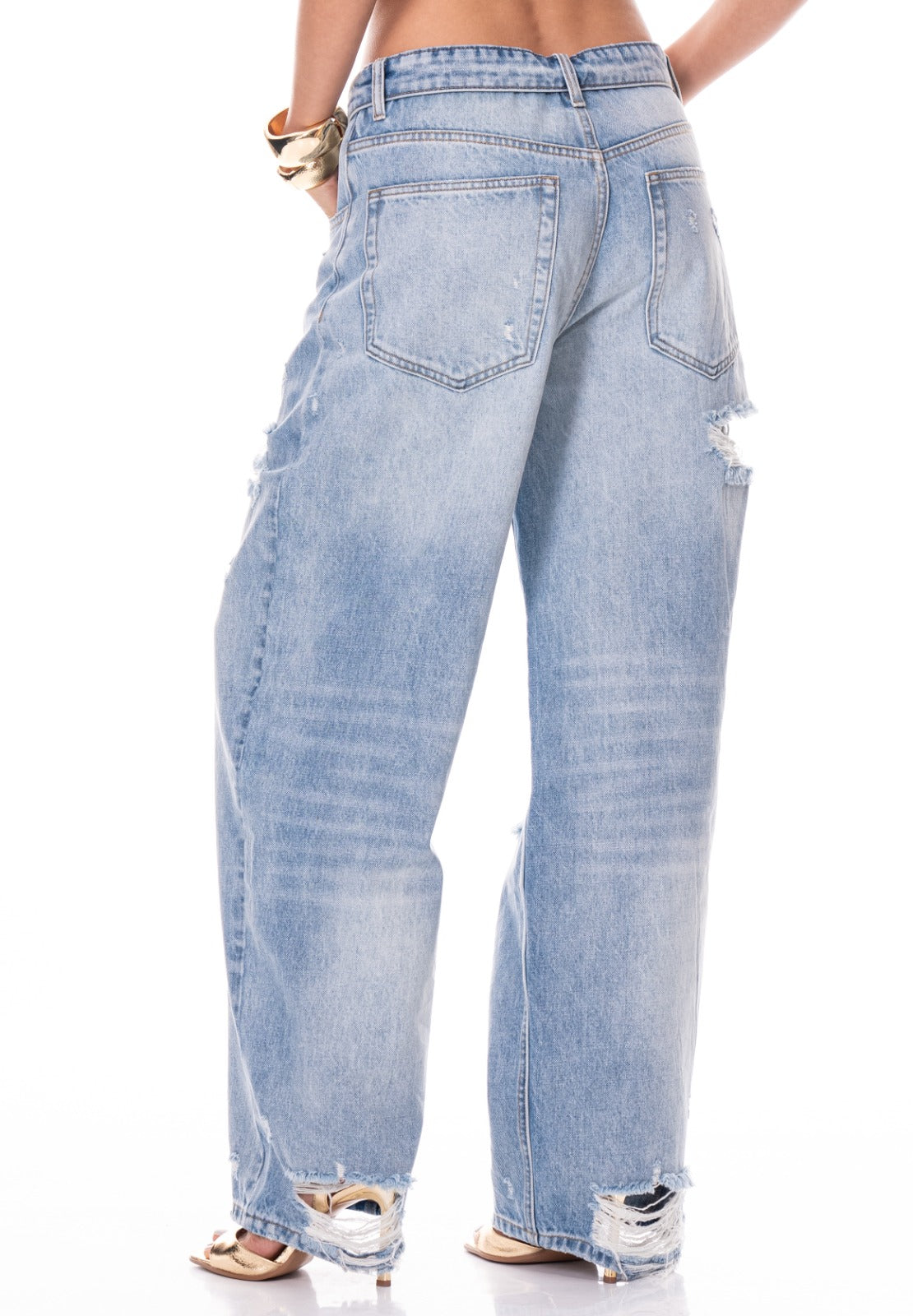 Crossover Waist Baggy Jeans - Denim