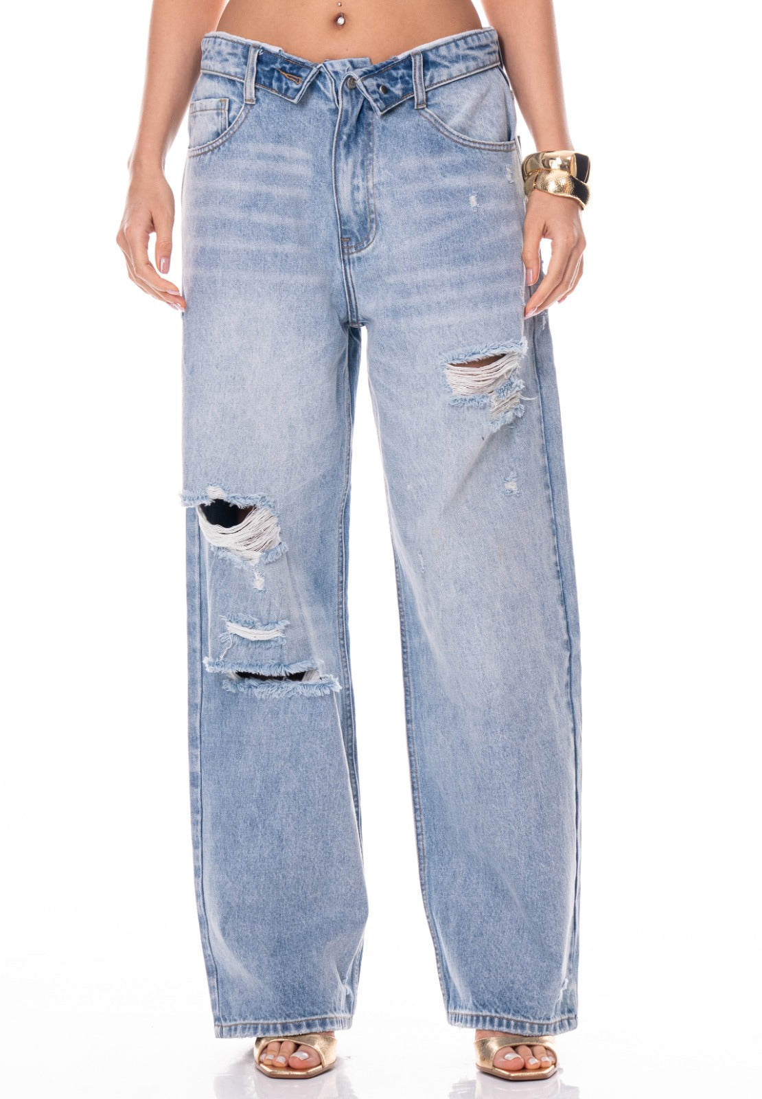 Crossover Waist Baggy Jeans - Denim