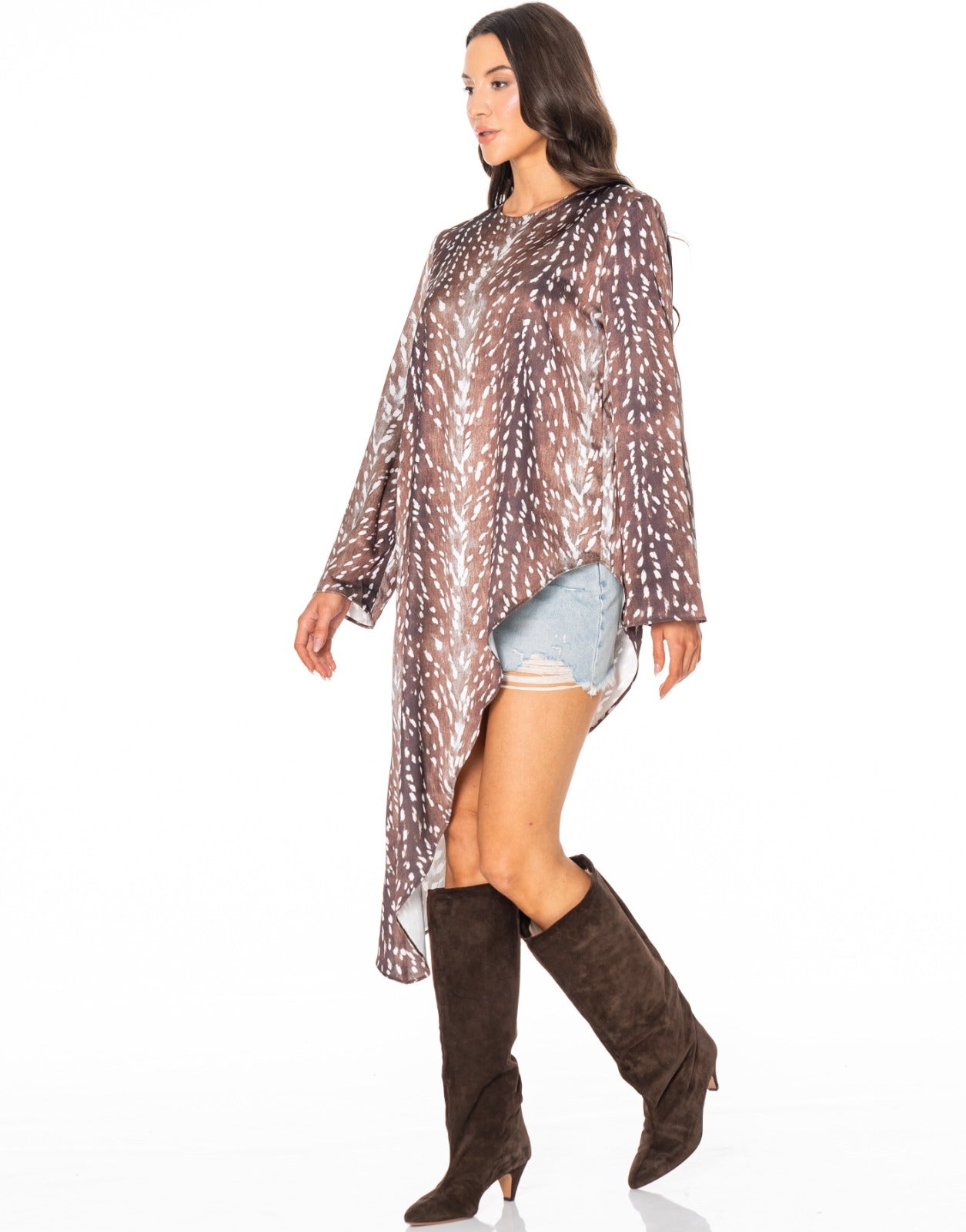 Fawn Print Satin Asymmetric Dress - Leopard