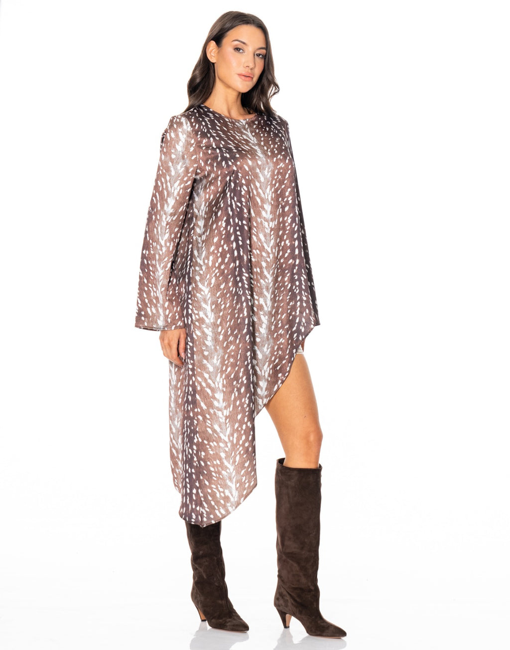 Fawn Print Satin Asymmetric Dress - Leopard