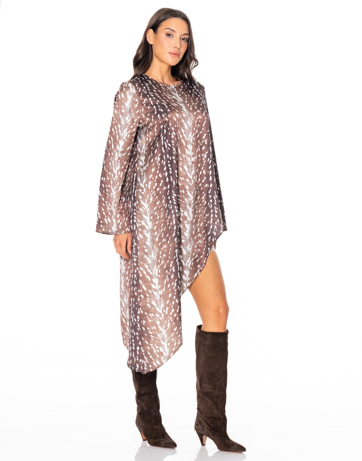 Fawn Print Satin Asymmetric Dress - Leopard