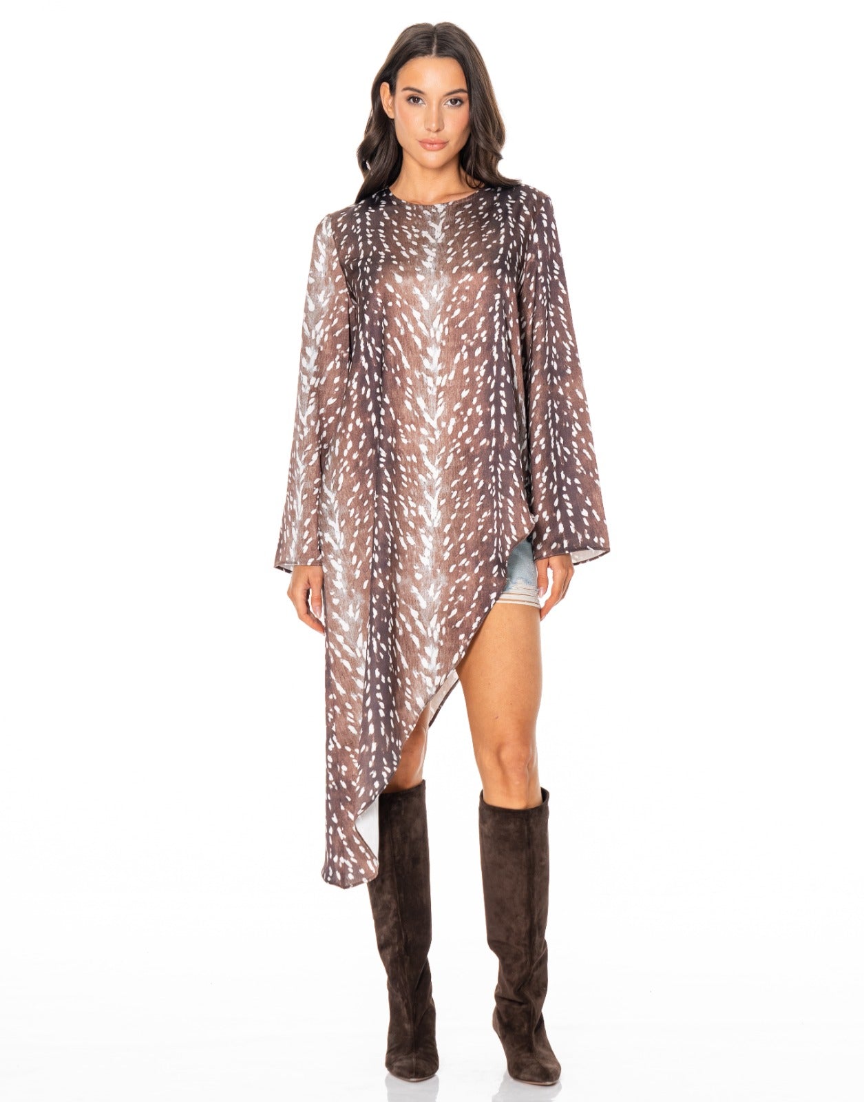 Fawn Print Satin Asymmetric Dress - Leopard